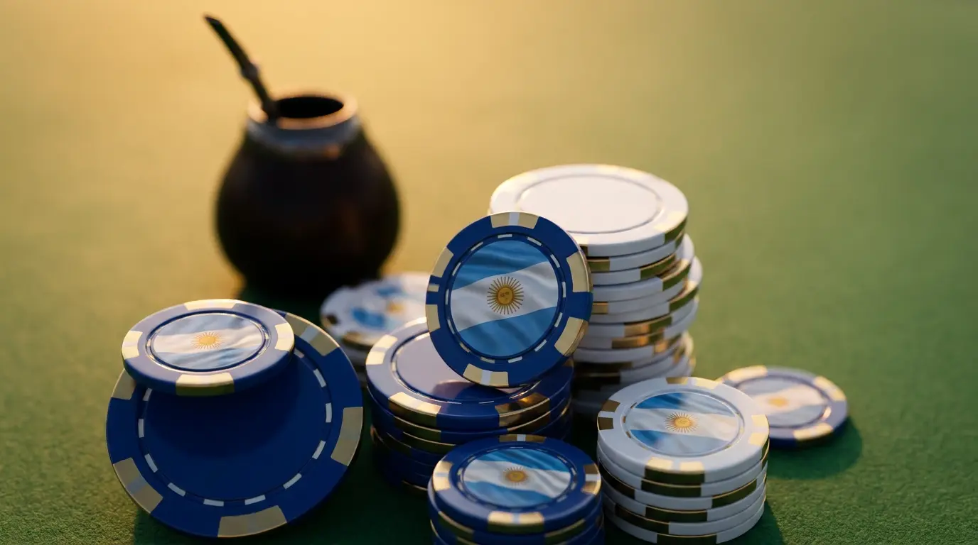 Fichas de casino con colores argentinos sobre mesa de póker