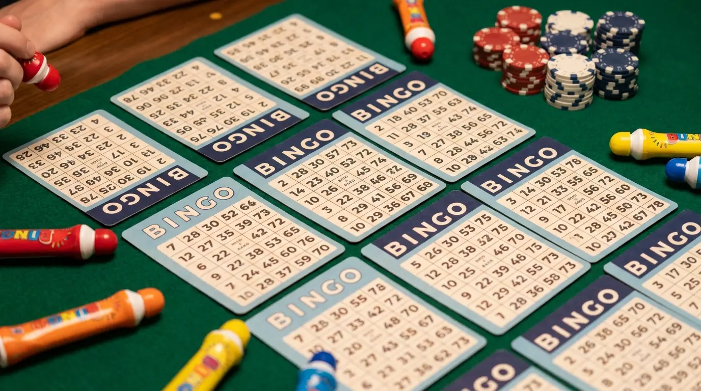 Cartones de bingo y fichas sobre mesa de casino