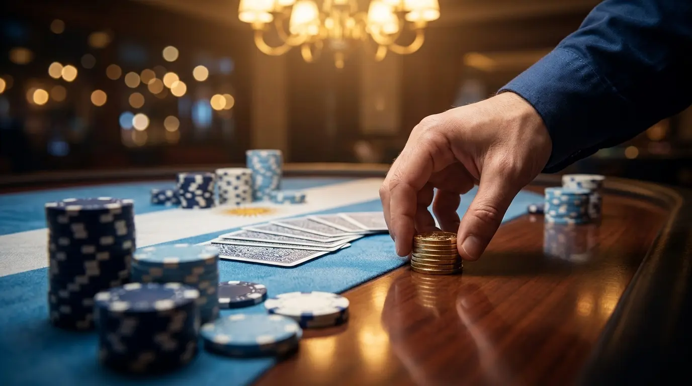 Fichas de casino y cartas sobre mesa con colores argentinos