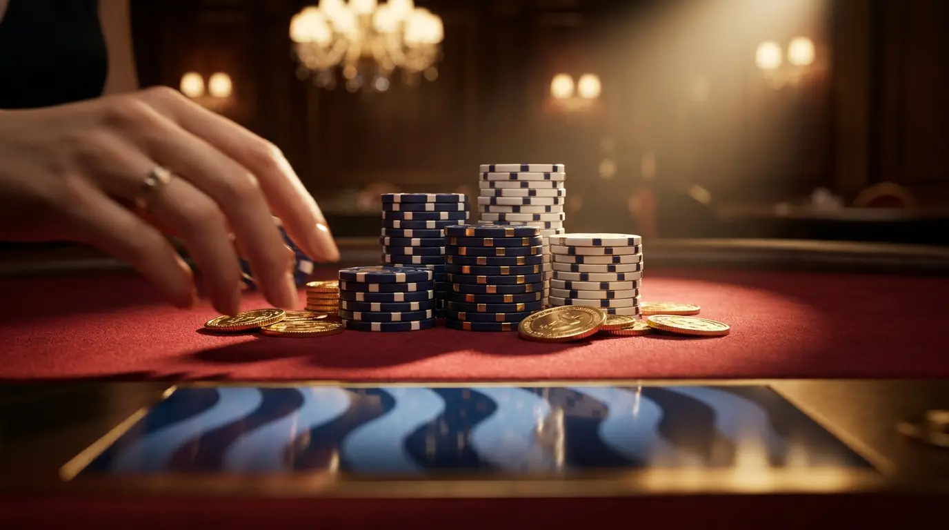 Fichas de casino y monedas doradas sobre mesa de fieltro rojo