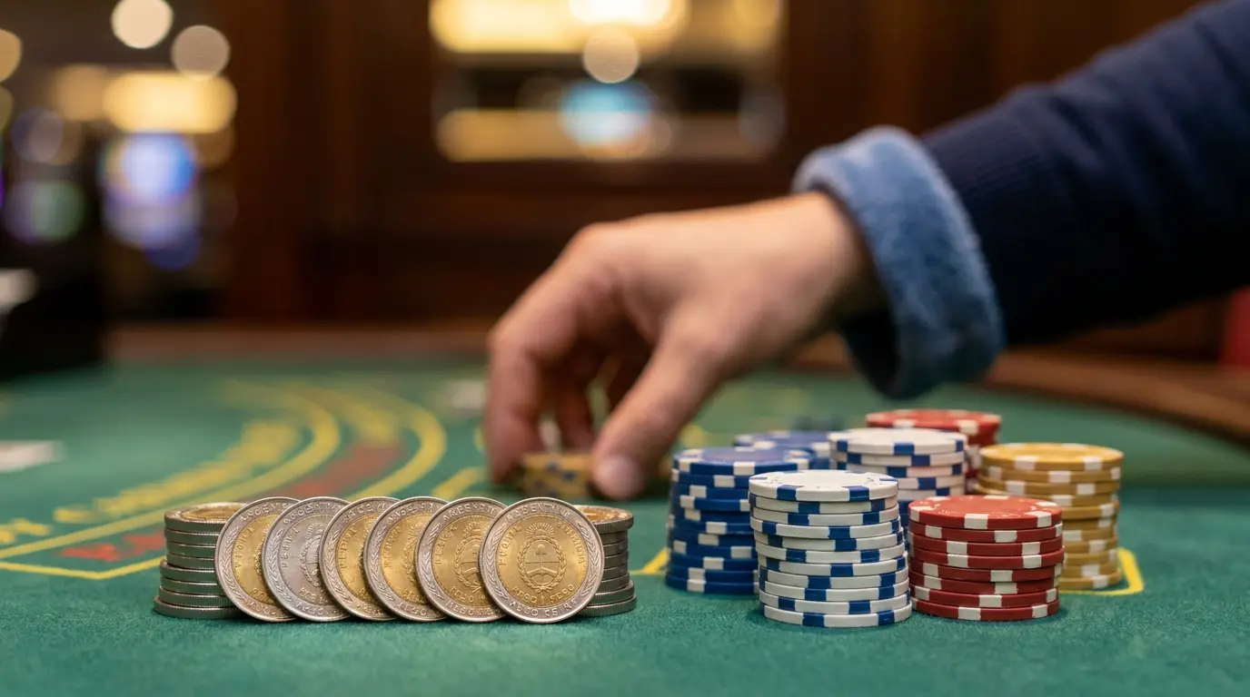 Monedas argentinas junto a fichas de casino sobre mesa de juego
