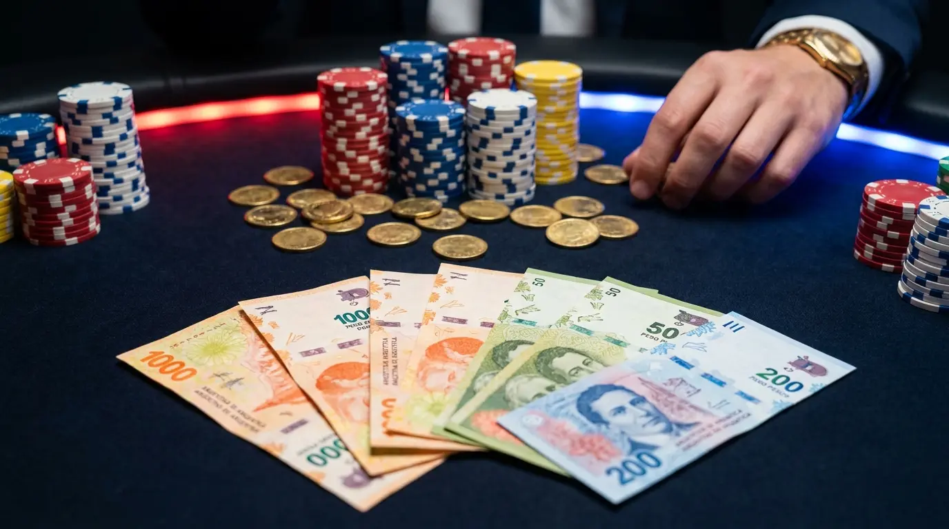 Billetes argentinos con fichas de casino apiladas