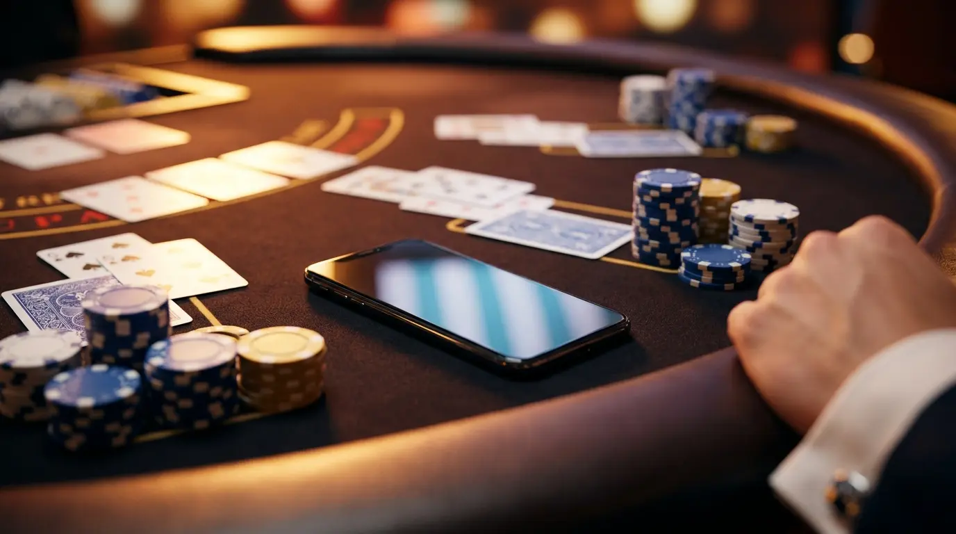 Teléfono móvil rodeado de fichas de casino en mesa de juego