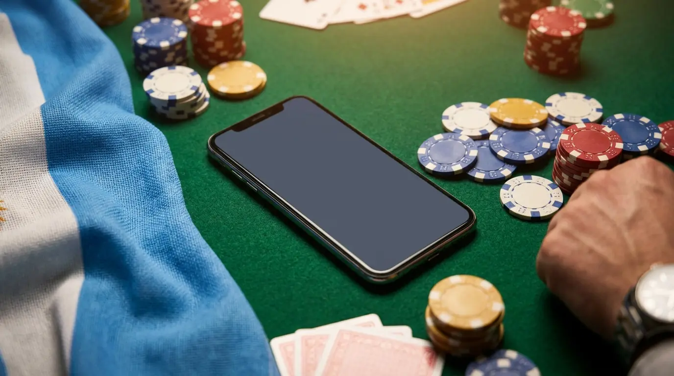 Teléfono móvil rodeado de fichas de casino y cartas sobre mesa