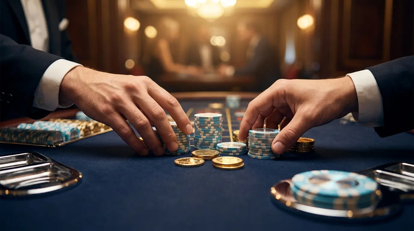 Fichas de casino y monedas doradas sobre mesa de fieltro azul