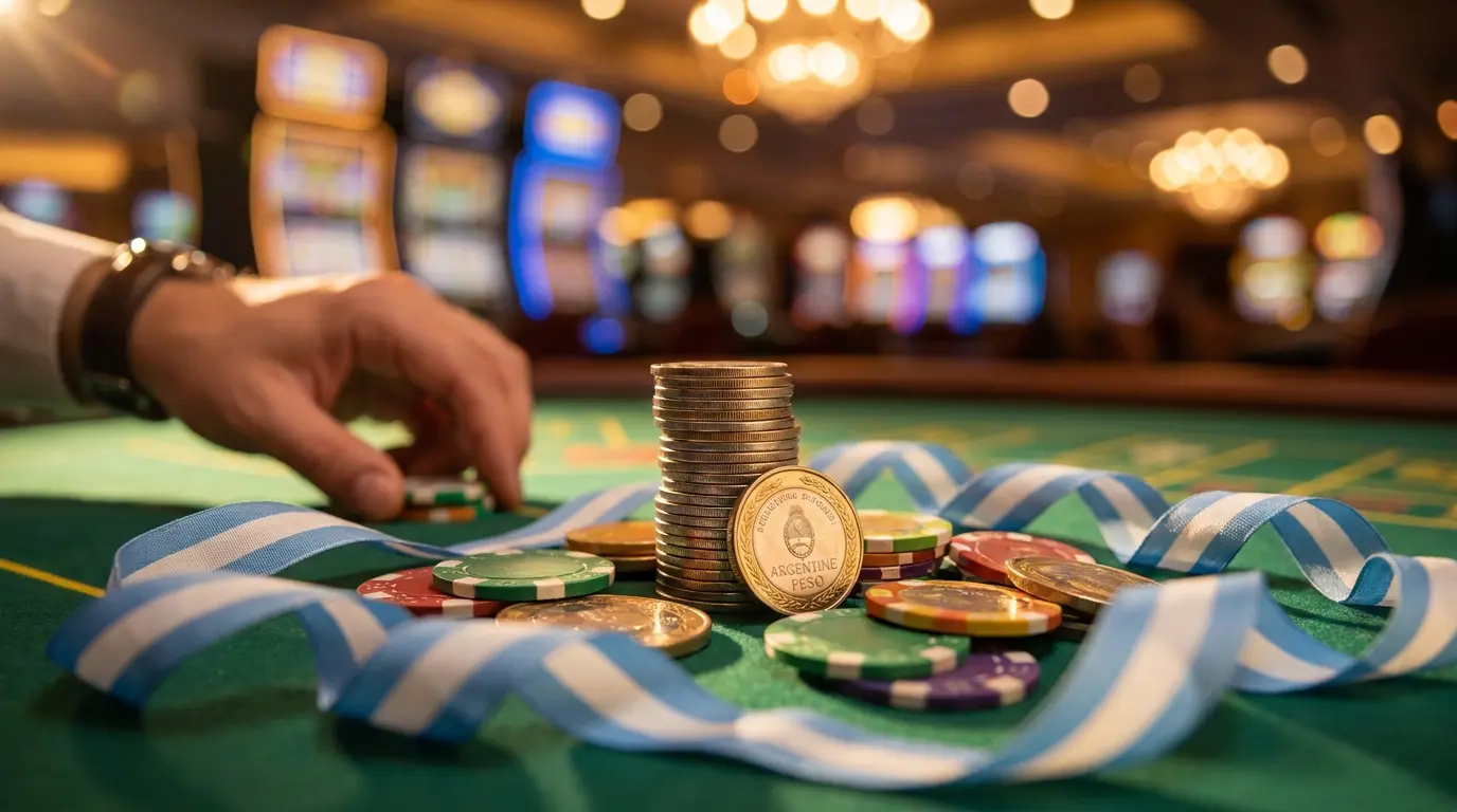 Monedas argentinas y fichas de casino sobre tapete verde