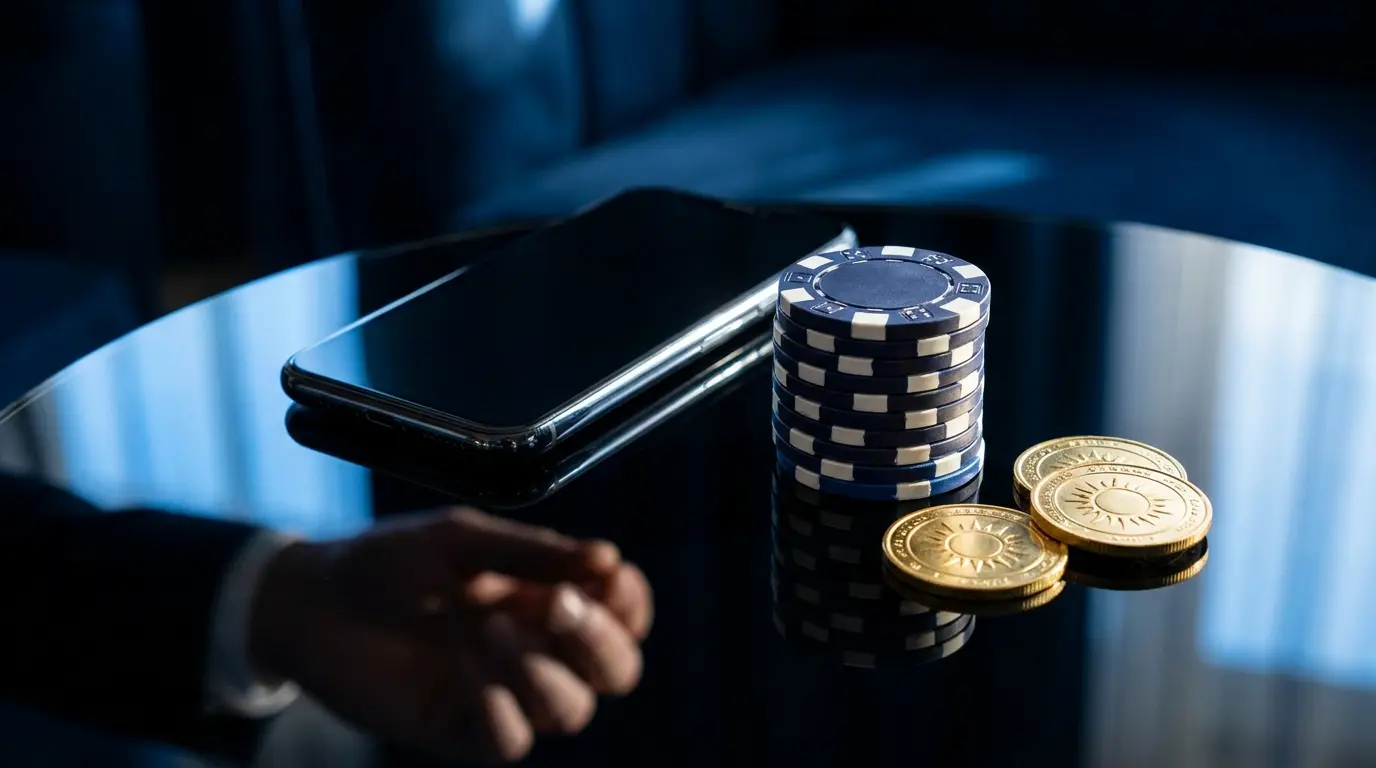 Fichas de casino apiladas junto a teléfono móvil con iluminación dramática