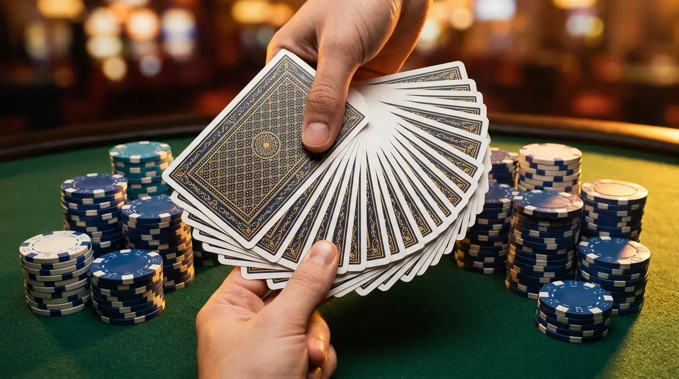 Mesa de pĂłker con cartas y fichas de casino argentino