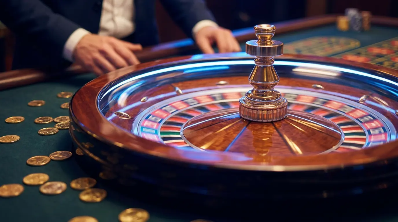 Ruleta girando con fichas y monedas doradas