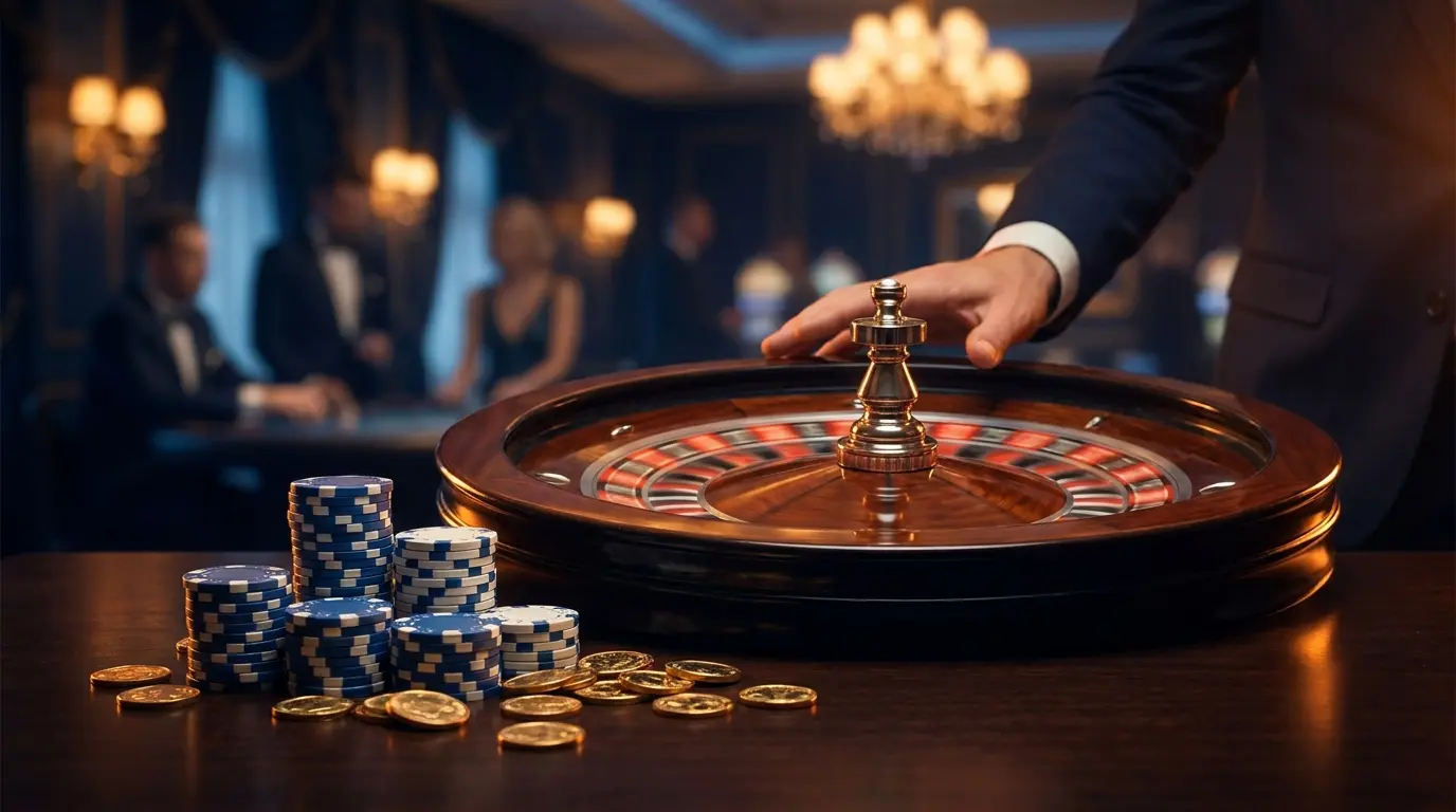 Ruleta en movimiento con fichas y monedas en casino
