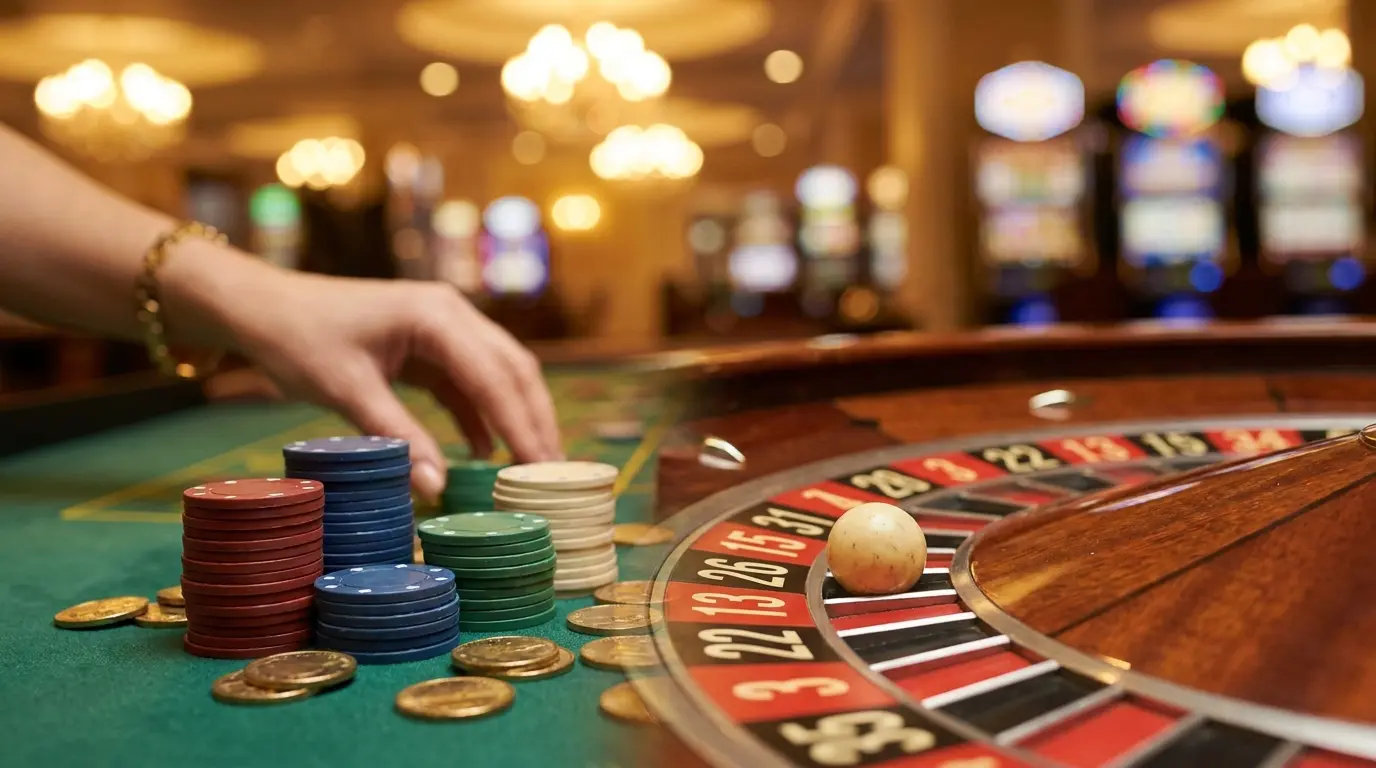 Ruleta de casino con fichas y monedas sobre tapete verde