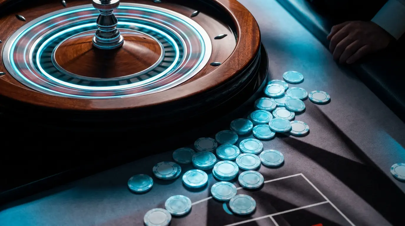 Ruleta girando con fichas azul y blanco dispersas