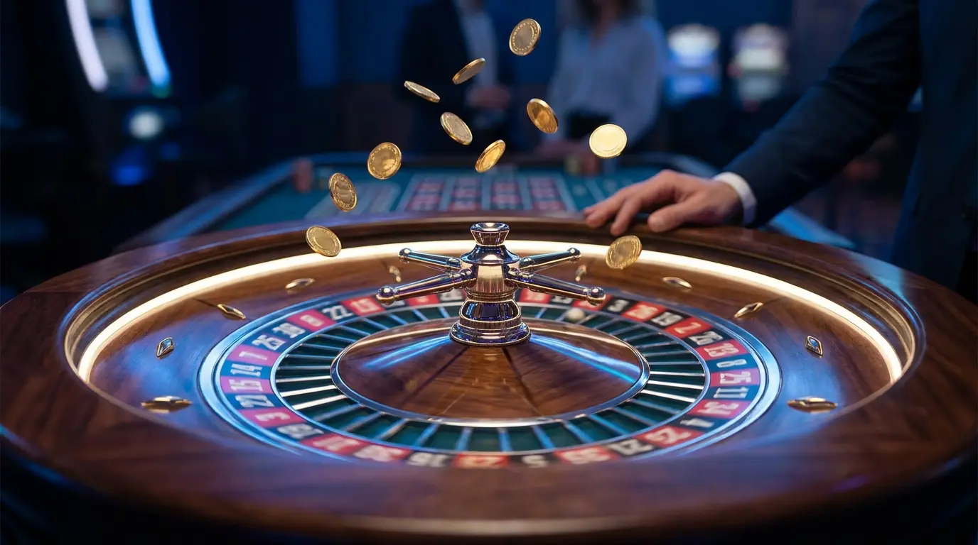 Ruleta girando con monedas doradas y luces neón