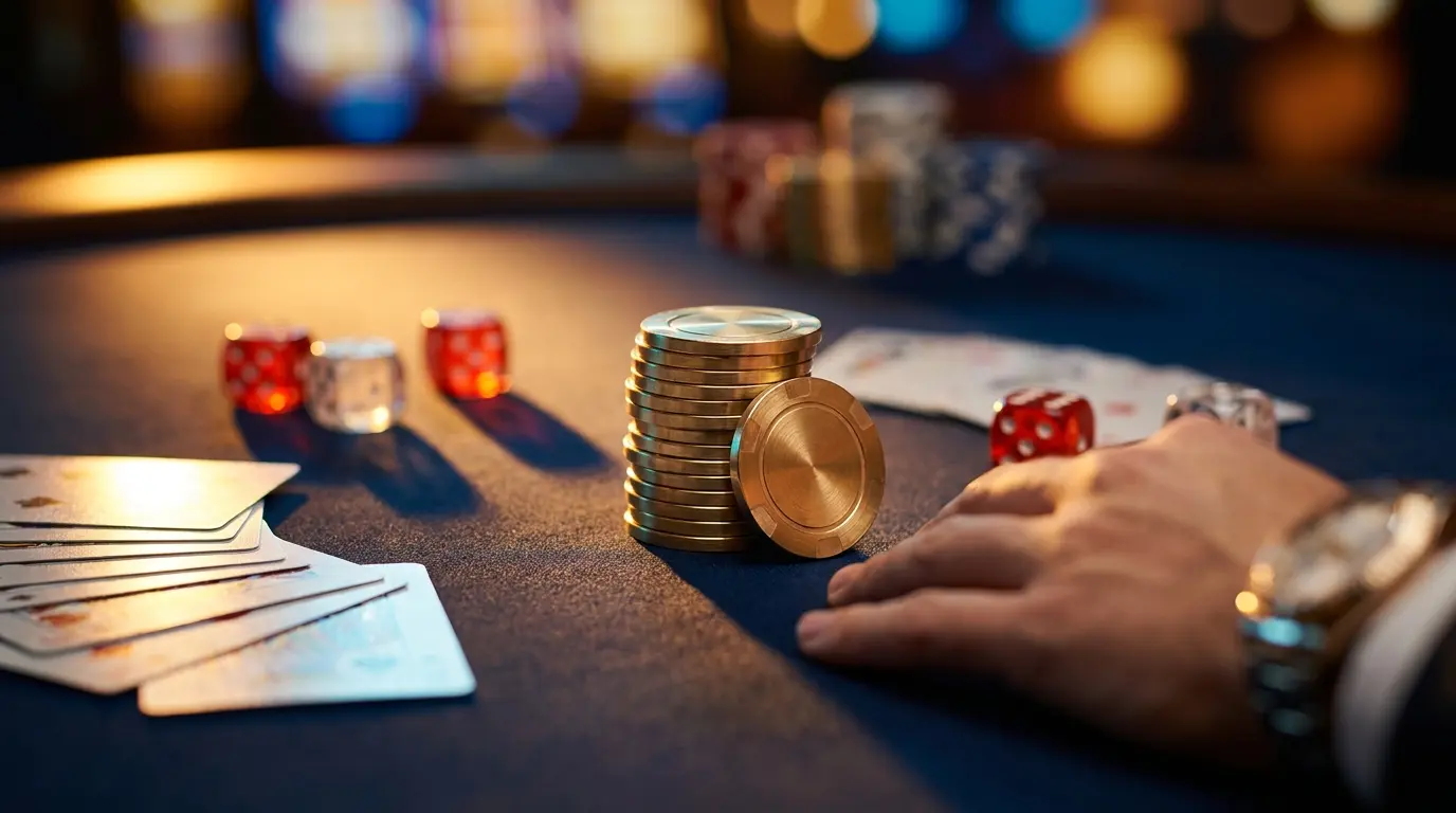 Fichas de casino doradas y dados sobre mesa de póker azul