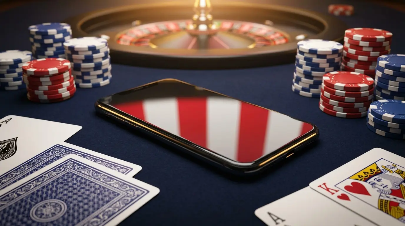 Smartphone mit Casino-Chips auf grünem Filz in österreichischen Farben