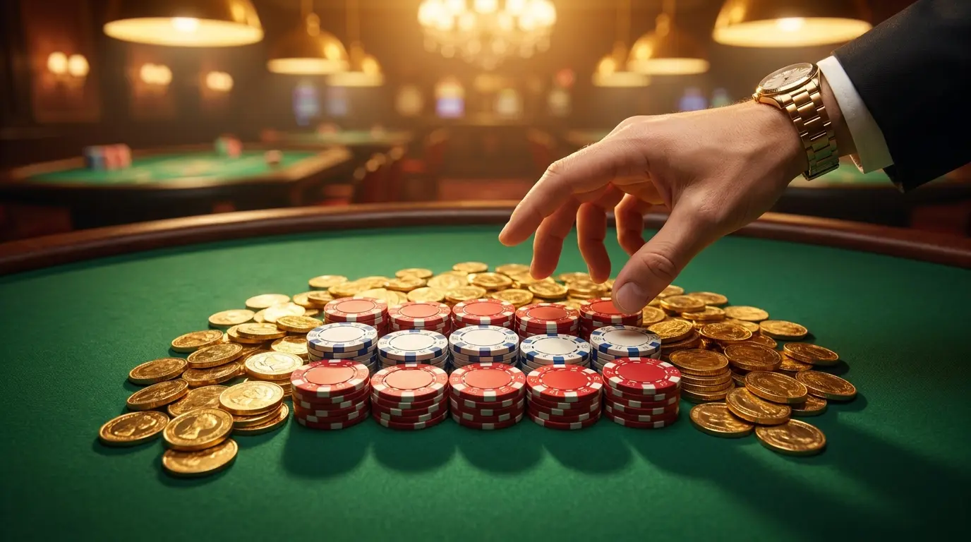 Casino-Chips in österreichischen Farben mit Goldmünzen auf grünem Filz