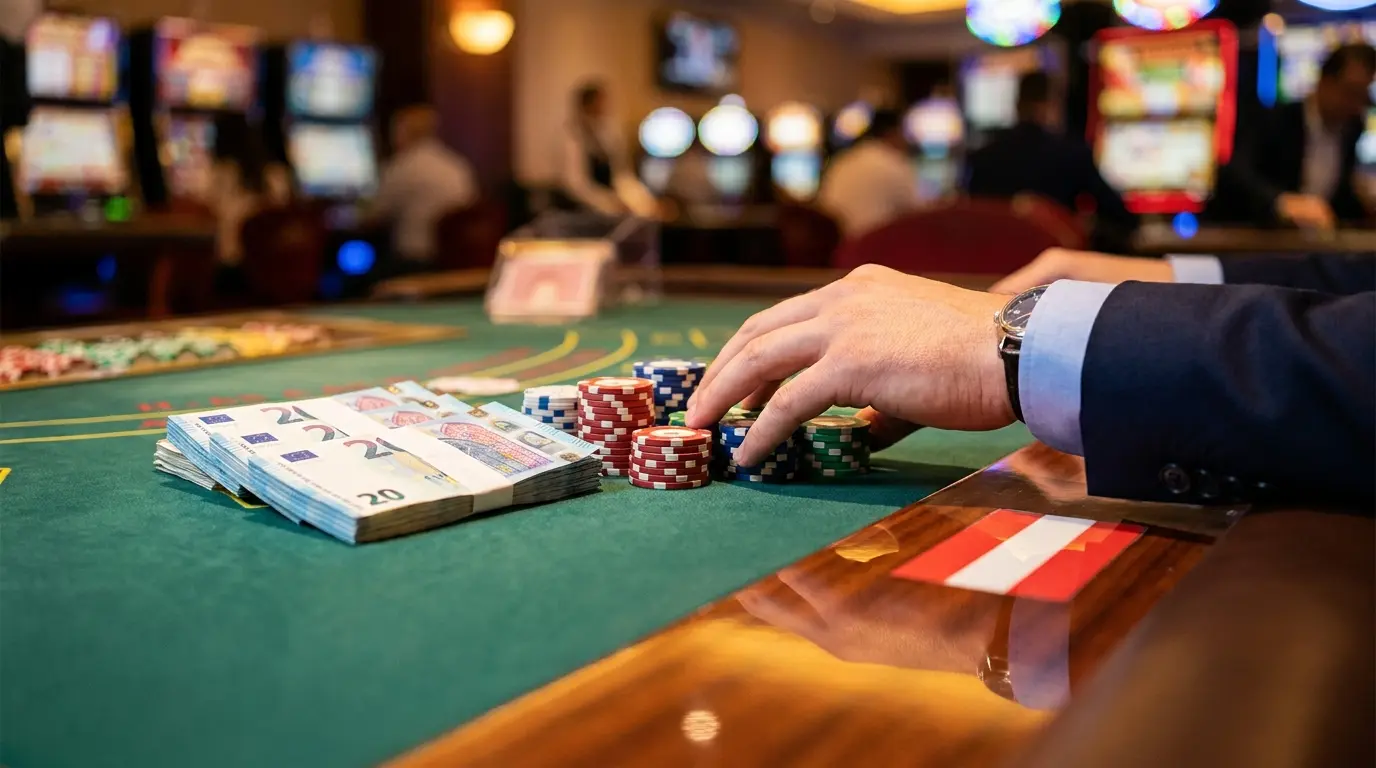Euro-Banknoten und Casino-Chips auf grünem Filz mit österreichischen Farben