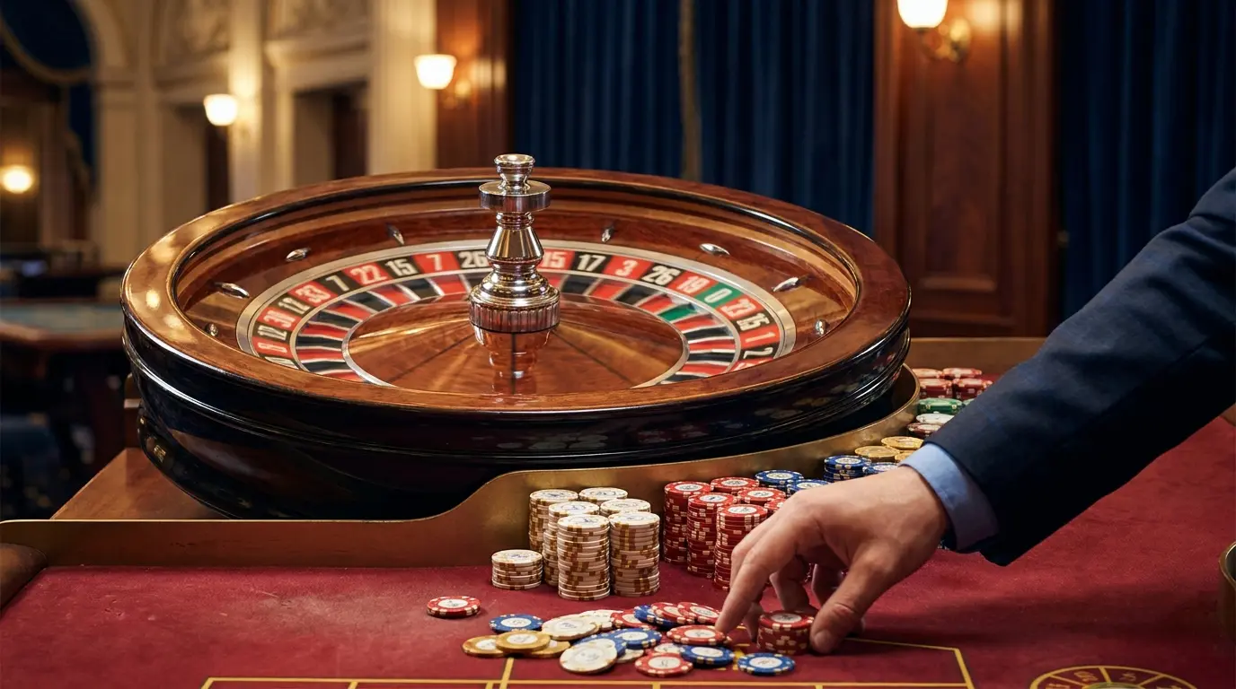 Roulette-Rad und Poker-Chips in rot-weißer österreichischer Farbgebung