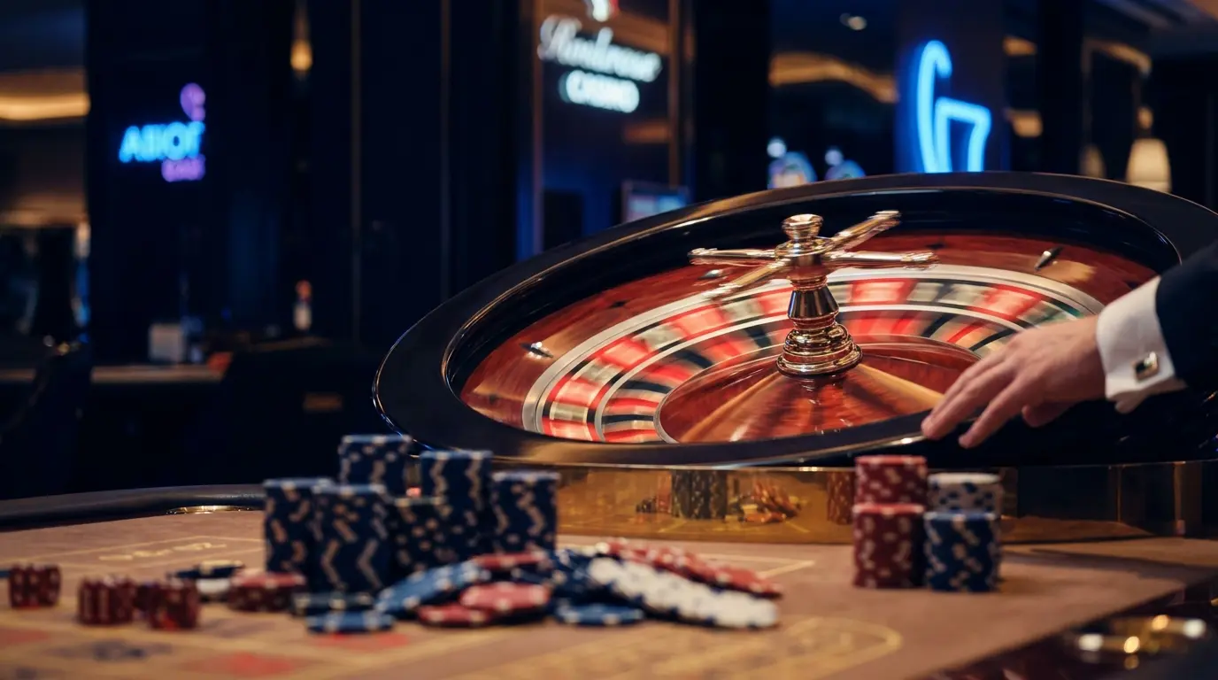 Roulette-Rad in Bewegung mit Chips und Würfeln im Casino-Ambiente