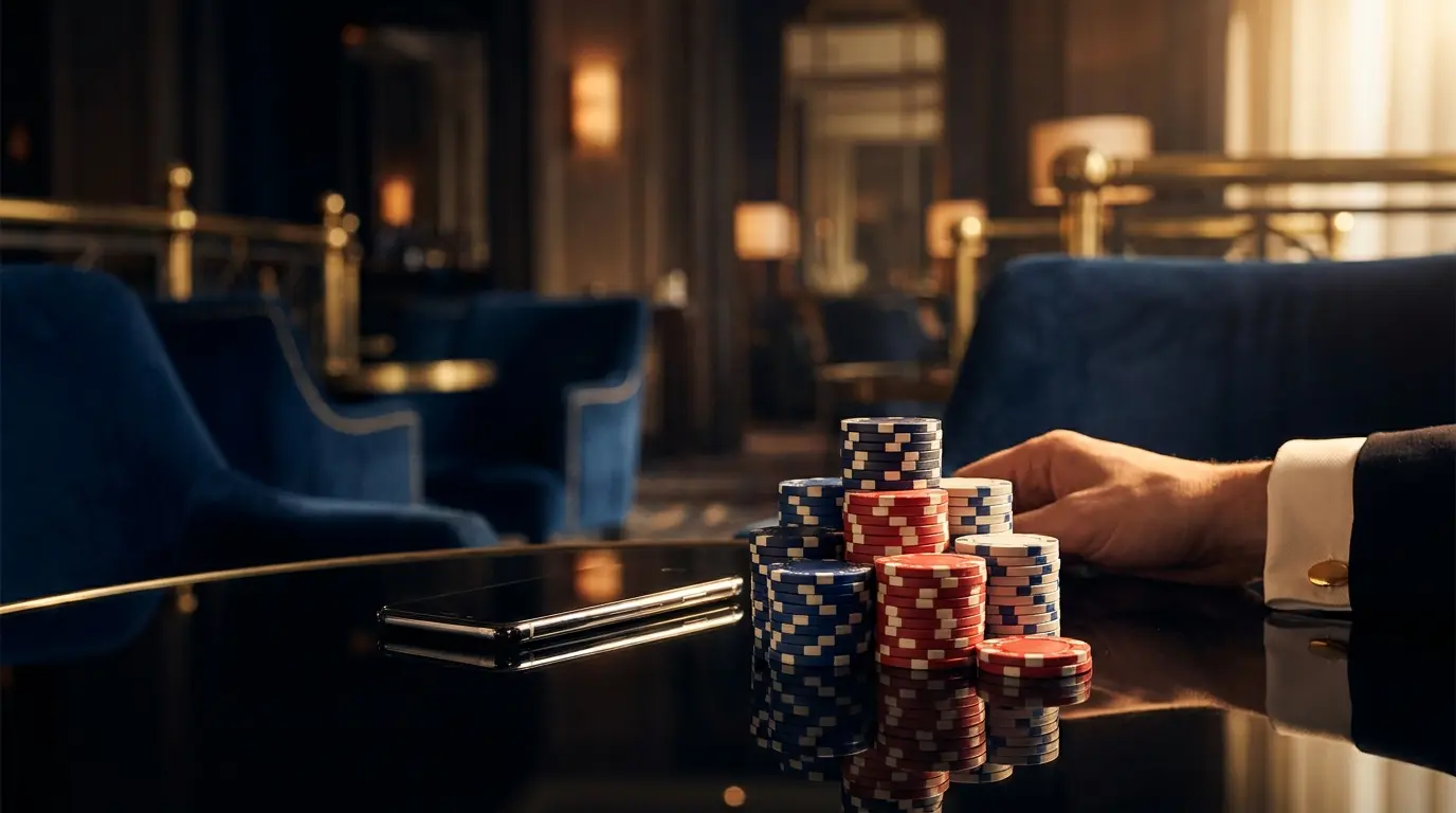 Gestapelte Casino-Chips neben Android-Smartphone mit dramatischer Beleuchtung