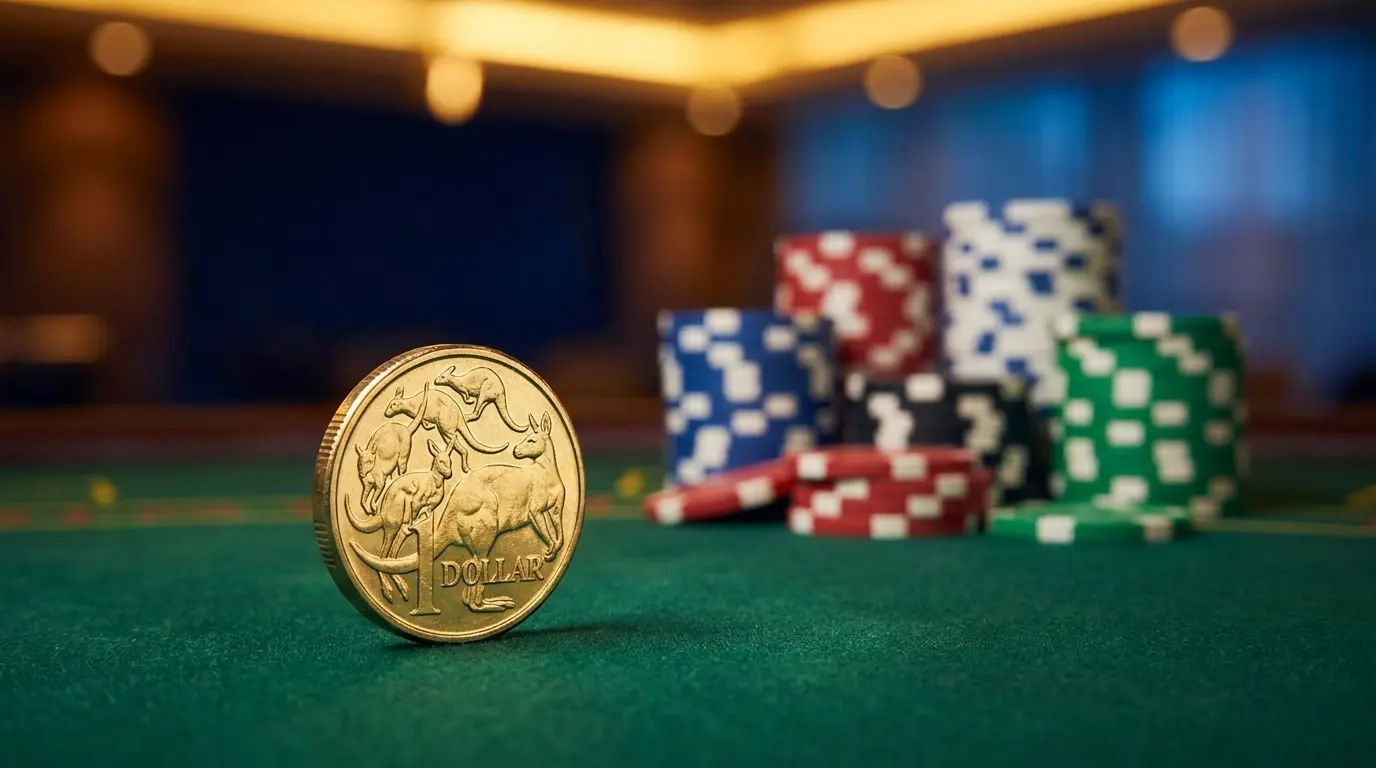 Australian dollar coin on casino table with poker chips