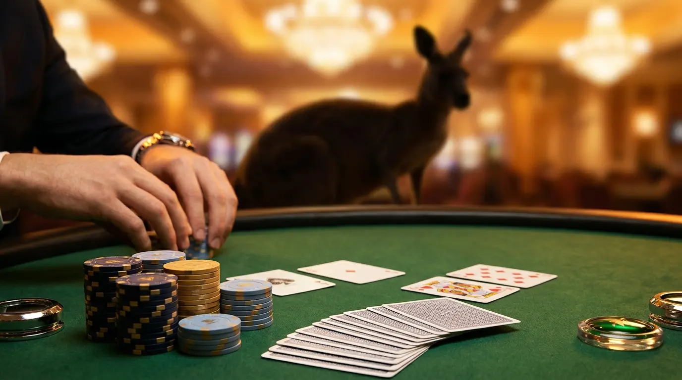 Casino chips and cards with Australian themed elements and colors