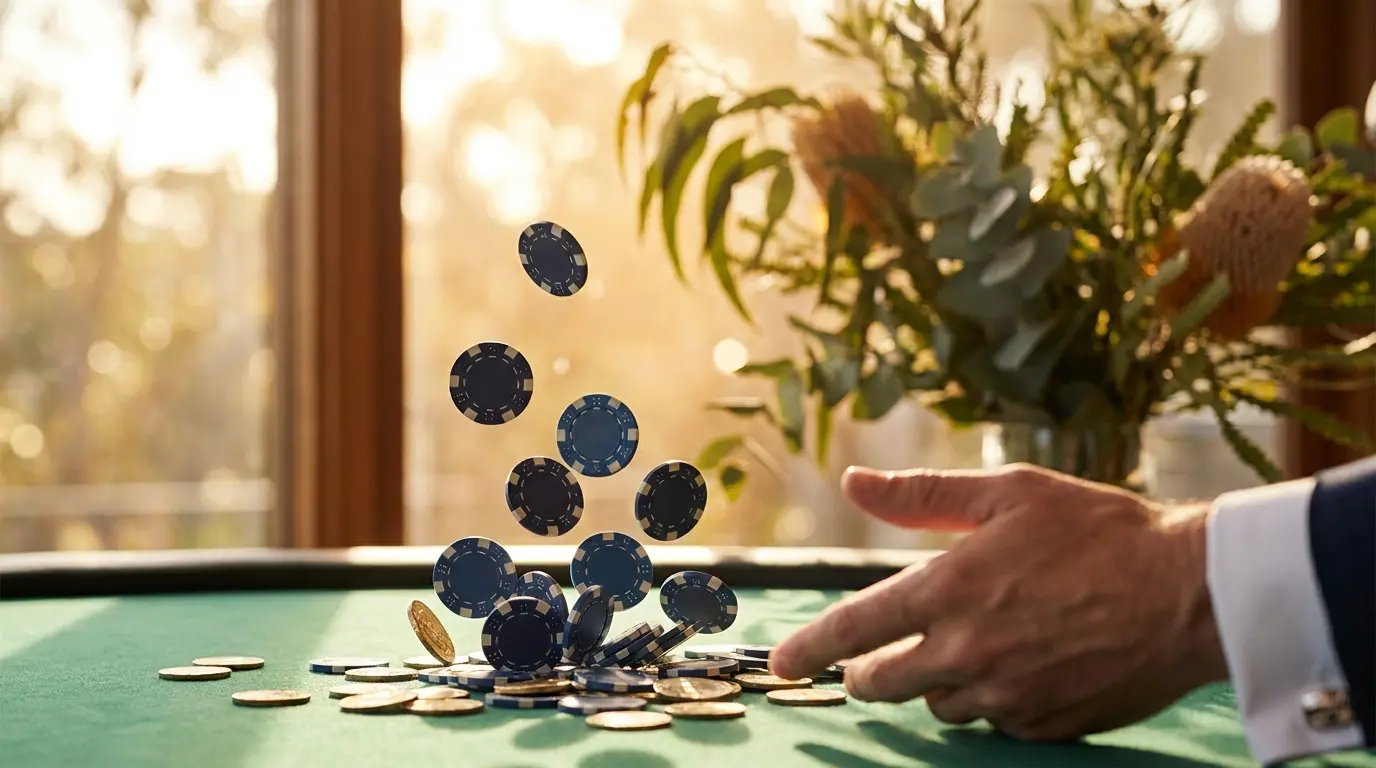 Casino chips and coins on green felt with Australian theme