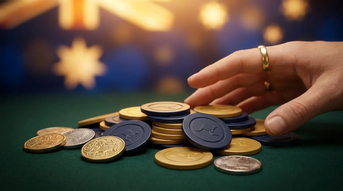 Casino chips and Australian coins on green felt with golden lighting