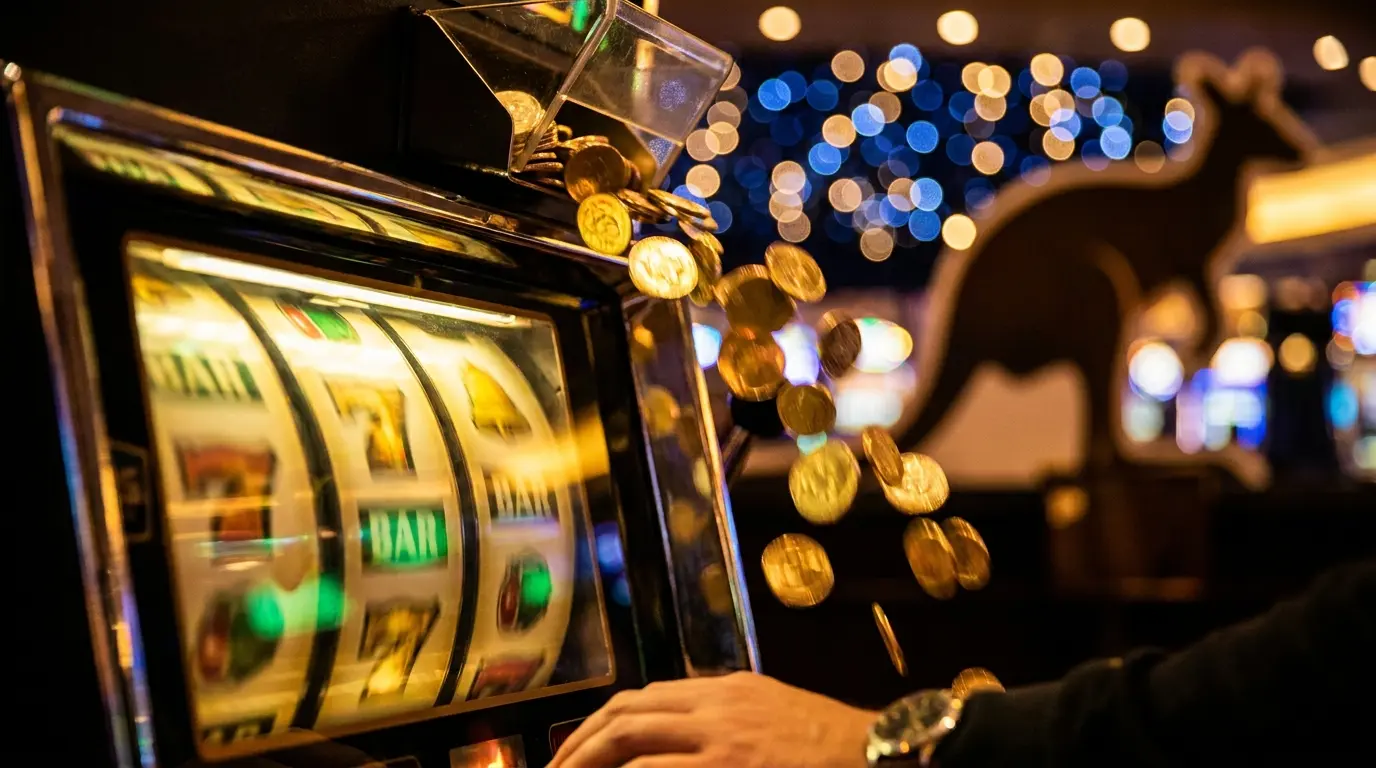 Spinning slot reels with golden coins and Australian themed lighting