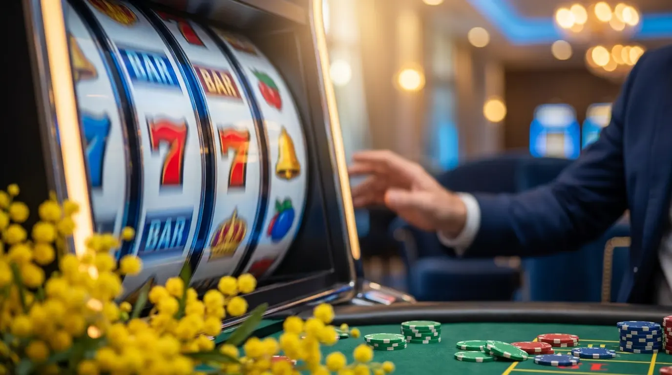 Spinning slot reels with Australian wattle flowers and casino chips