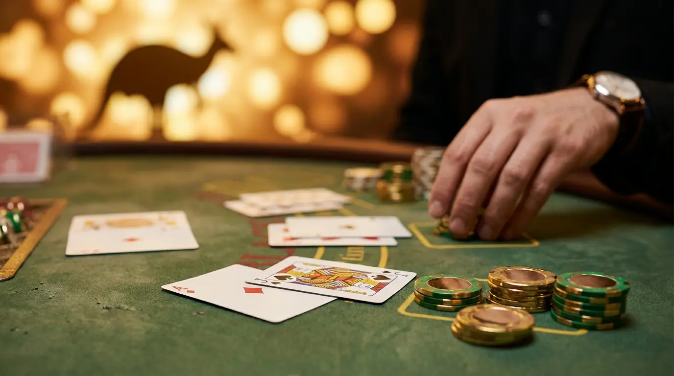 Blackjack cards and chips with Australian theme on casino table