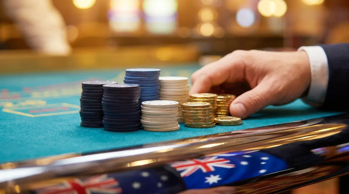 Casino chips and coins on turquoise felt with Australian colors