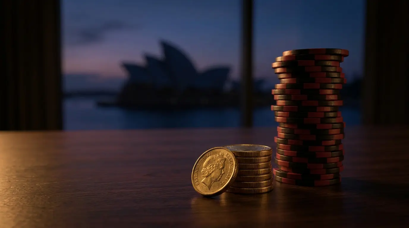 Australian coins and casino chips with Sydney skyline backdrop