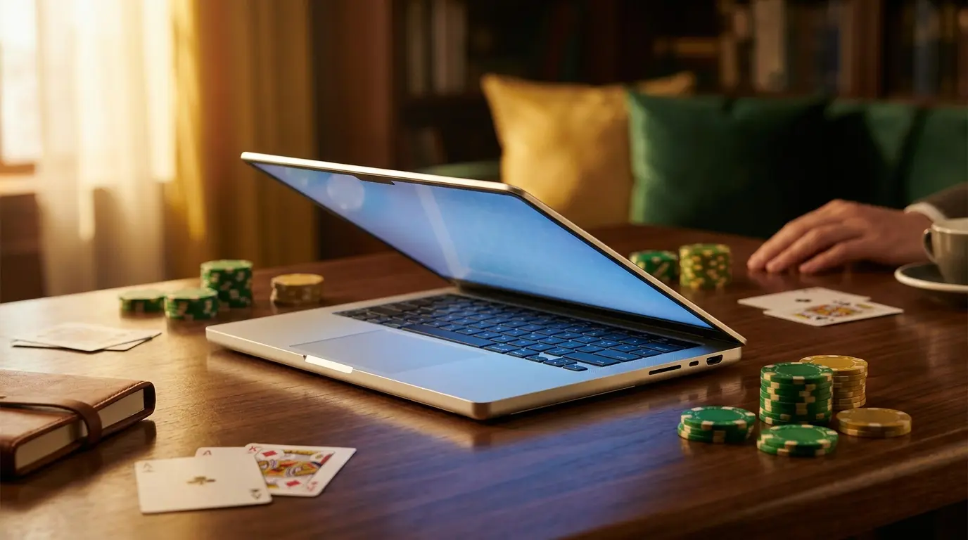 Laptop with casino chips and cards representing downloadable casinos
