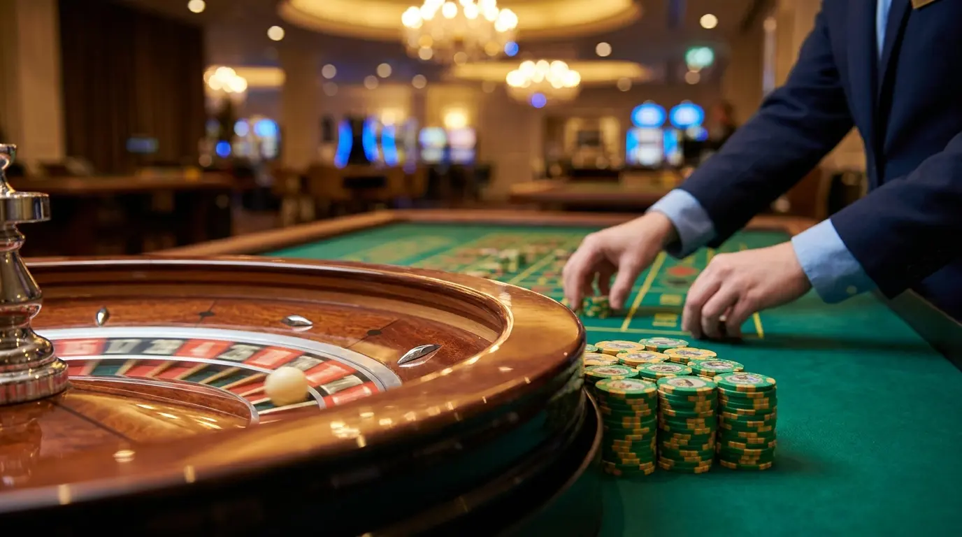 Live roulette wheel spinning with dealer hands and casino chips