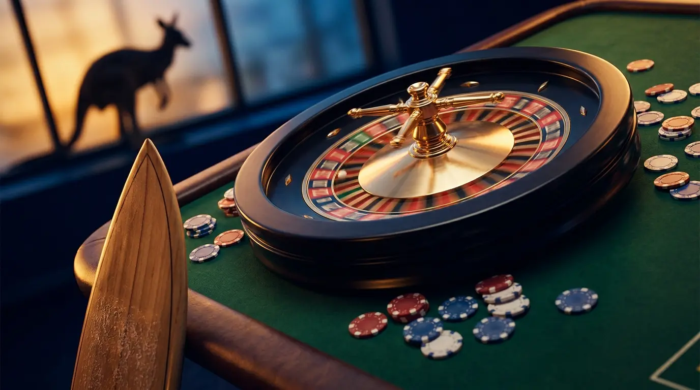 Roulette wheel and poker chips with Australian surfboard theme