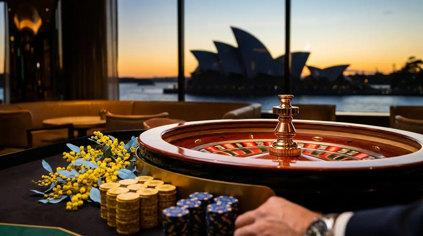 Spinning roulette wheel with Australian themed elements at sunset