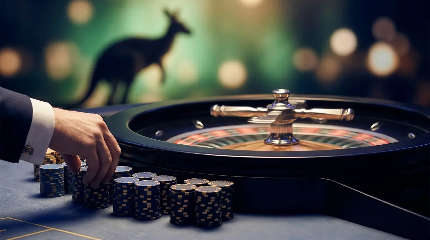 Roulette wheel and chips with Australian kangaroo symbolism