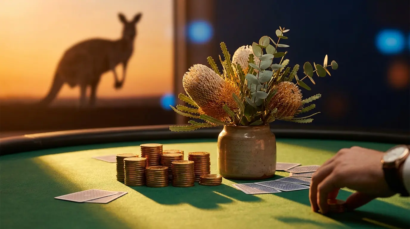 Casino chips with Australian symbols on felt table at sunset
