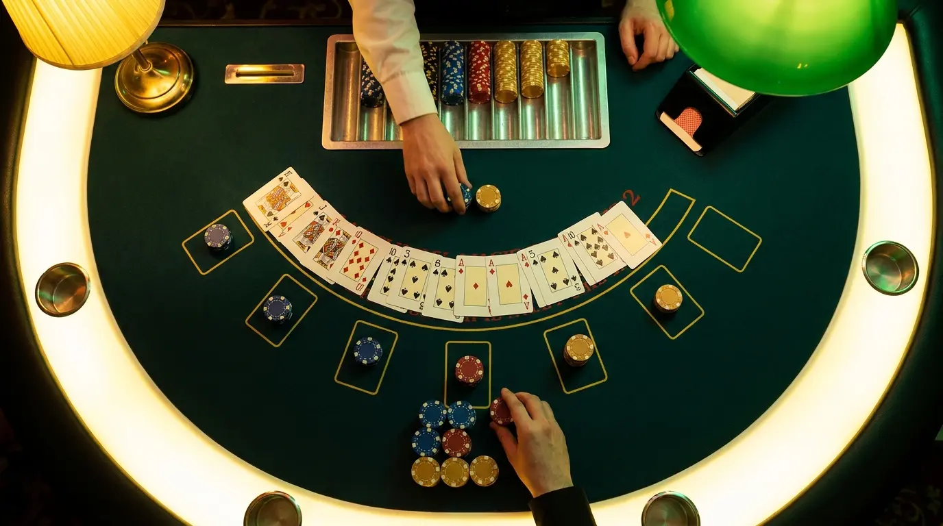 Mesa de blackjack com cartas e fichas em luz ambiente brasileira