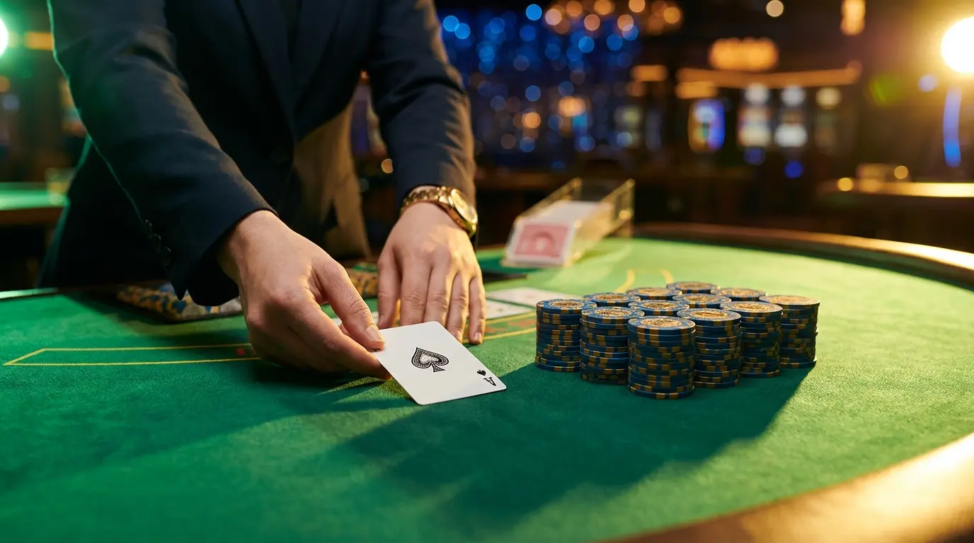Mãos distribuindo cartas de blackjack com fichas de cassino