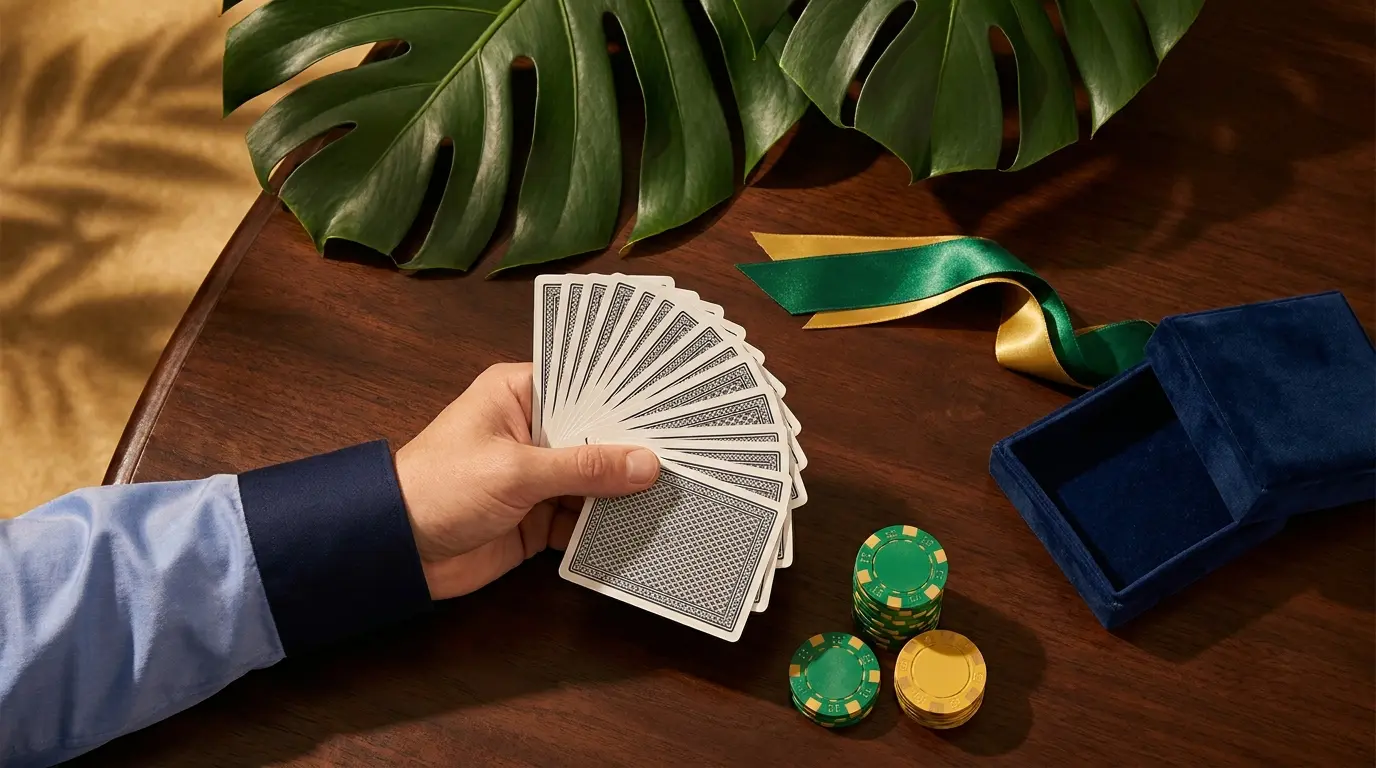 Cartas de baralho e fichas com elementos tropicais brasileiros