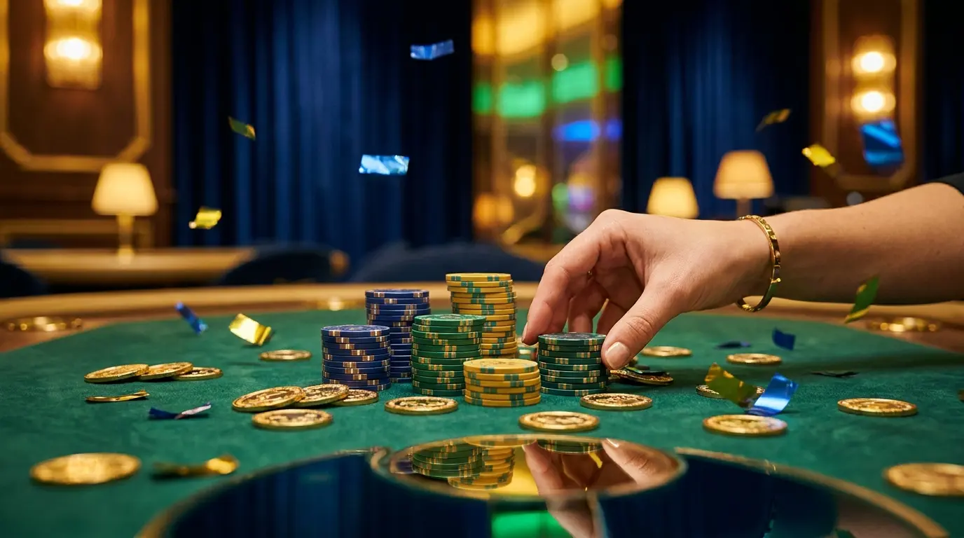 Fichas de cassino e moedas com cores da bandeira brasileira
