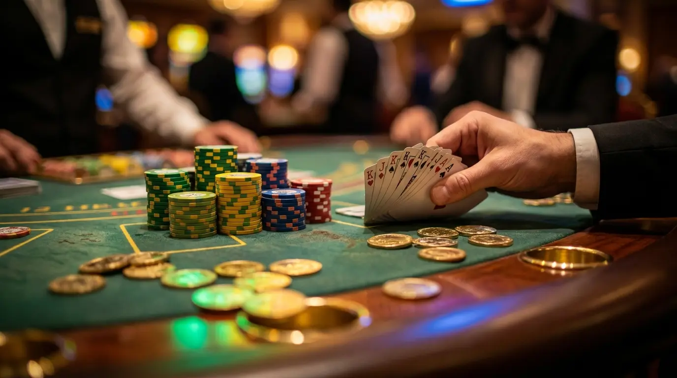 Fichas de casino e cartas em mesa verde com cores brasileiras