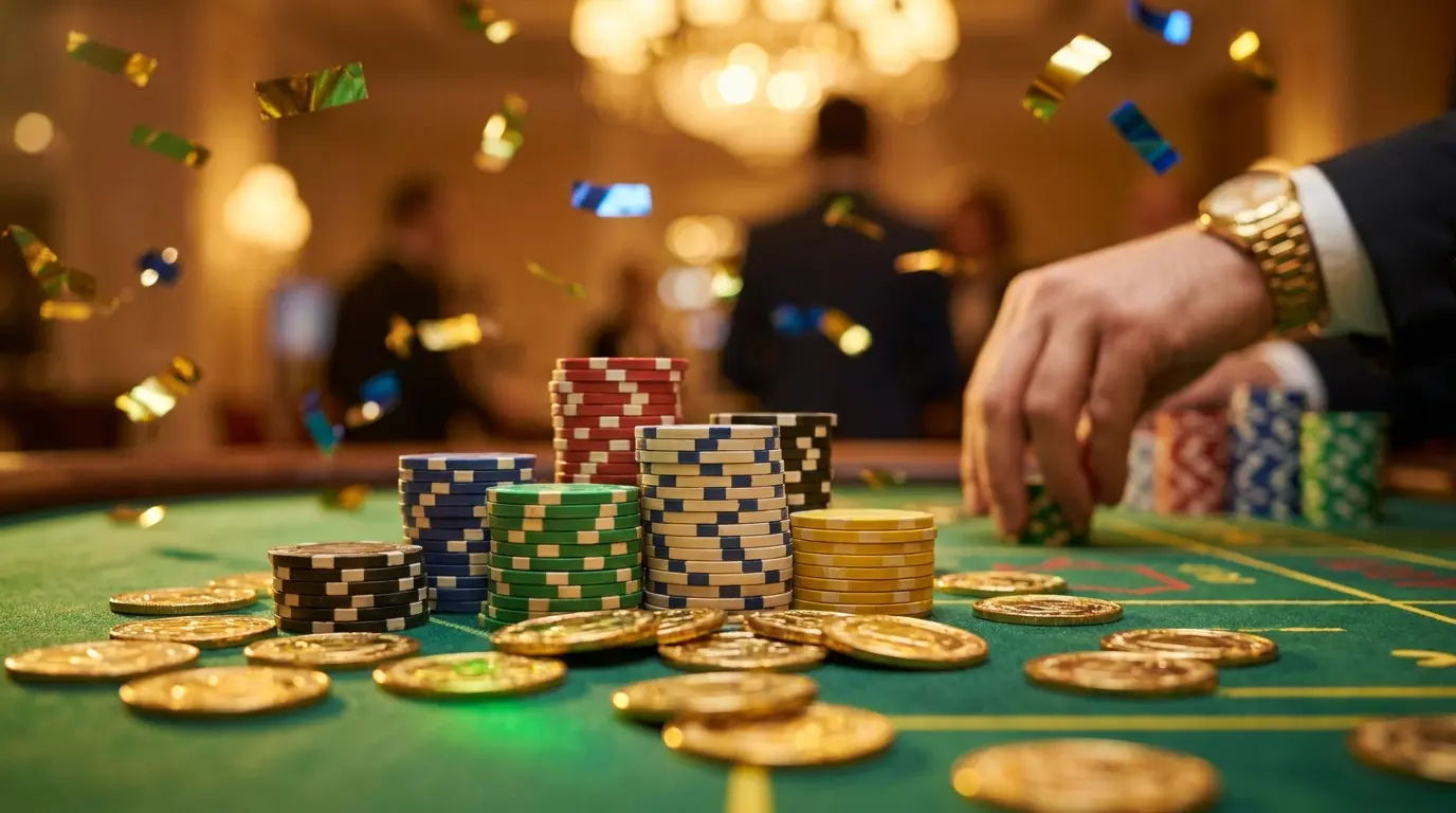 Fichas de casino e moedas douradas em mesa de feltro verde