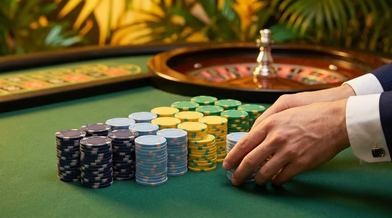 Fichas de cassino empilhadas em mesa de roleta