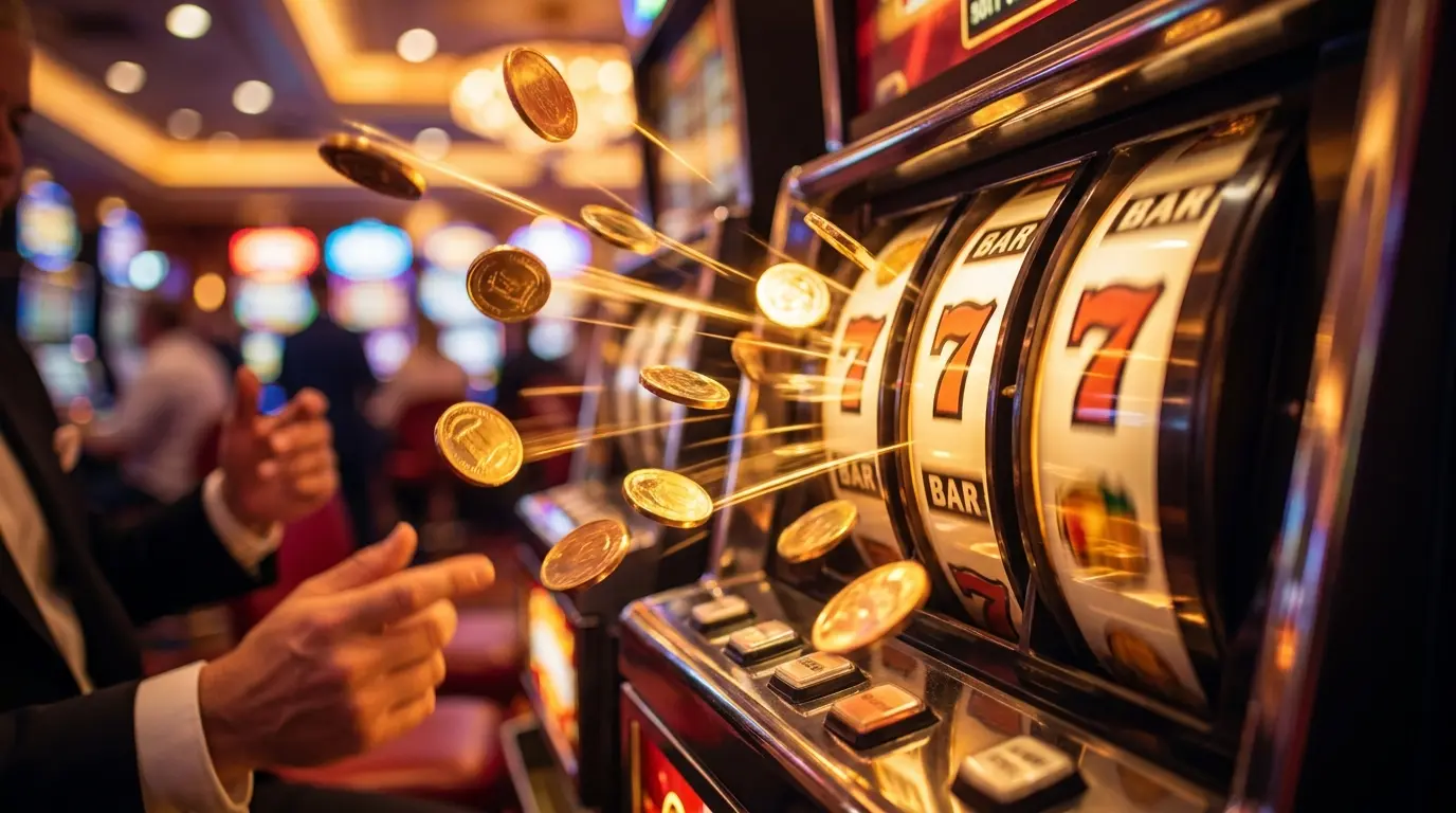 Moedas douradas caindo de slot machine com rodadas grátis
