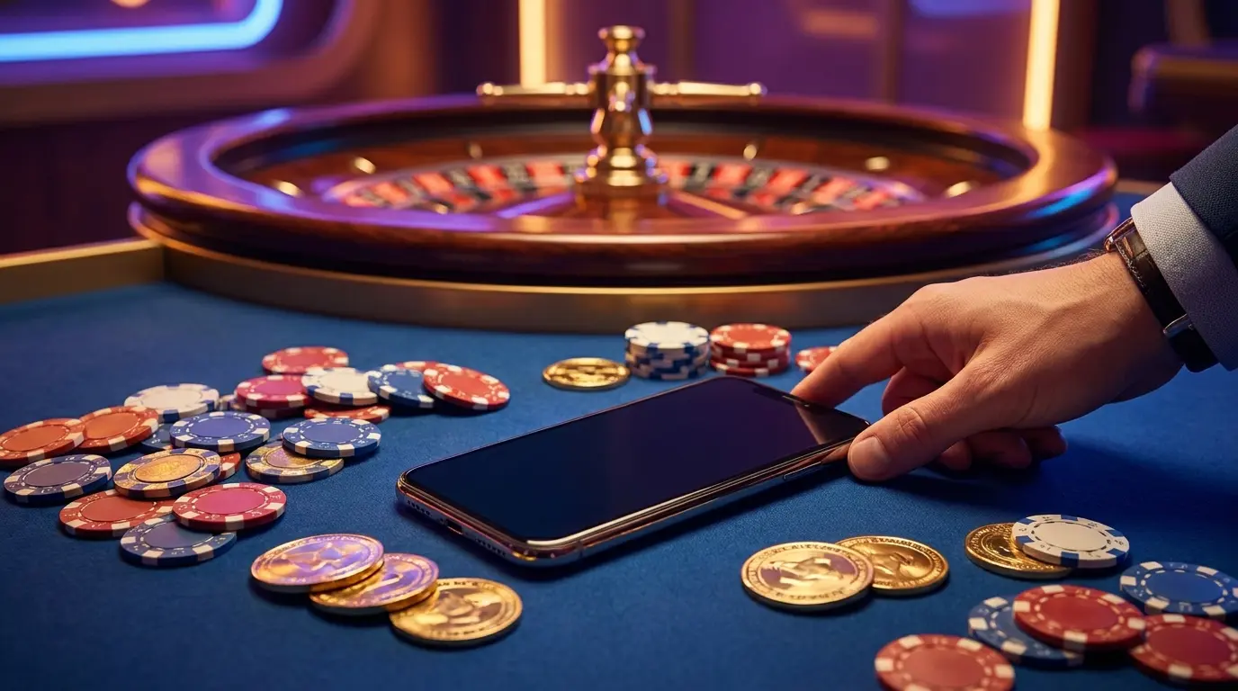 Celular cercado por fichas de cassino e moedas em mesa de jogo