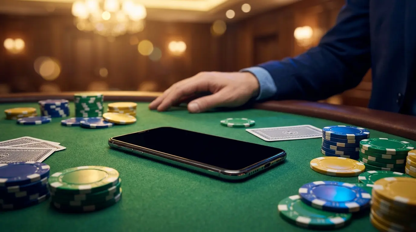 Celular com fichas de cassino e cartas em mesa verde