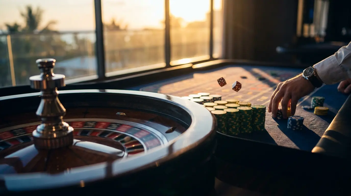 Roleta girando com fichas e dados em cassino